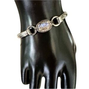 Vintage Mexico .925 Sterling Silver Opal or Opalite Stone Bangle - Modernist
